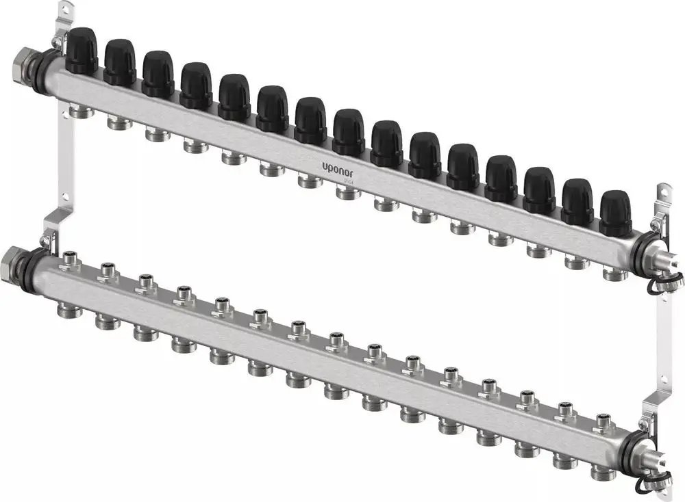 Verteiler von Uponor mit zwei Reihen, jeweils mit mehreren Anschlussmöglichkeiten, geeignet für die Verteilung von Wasser in Heizungs- oder Kühlsystemen.